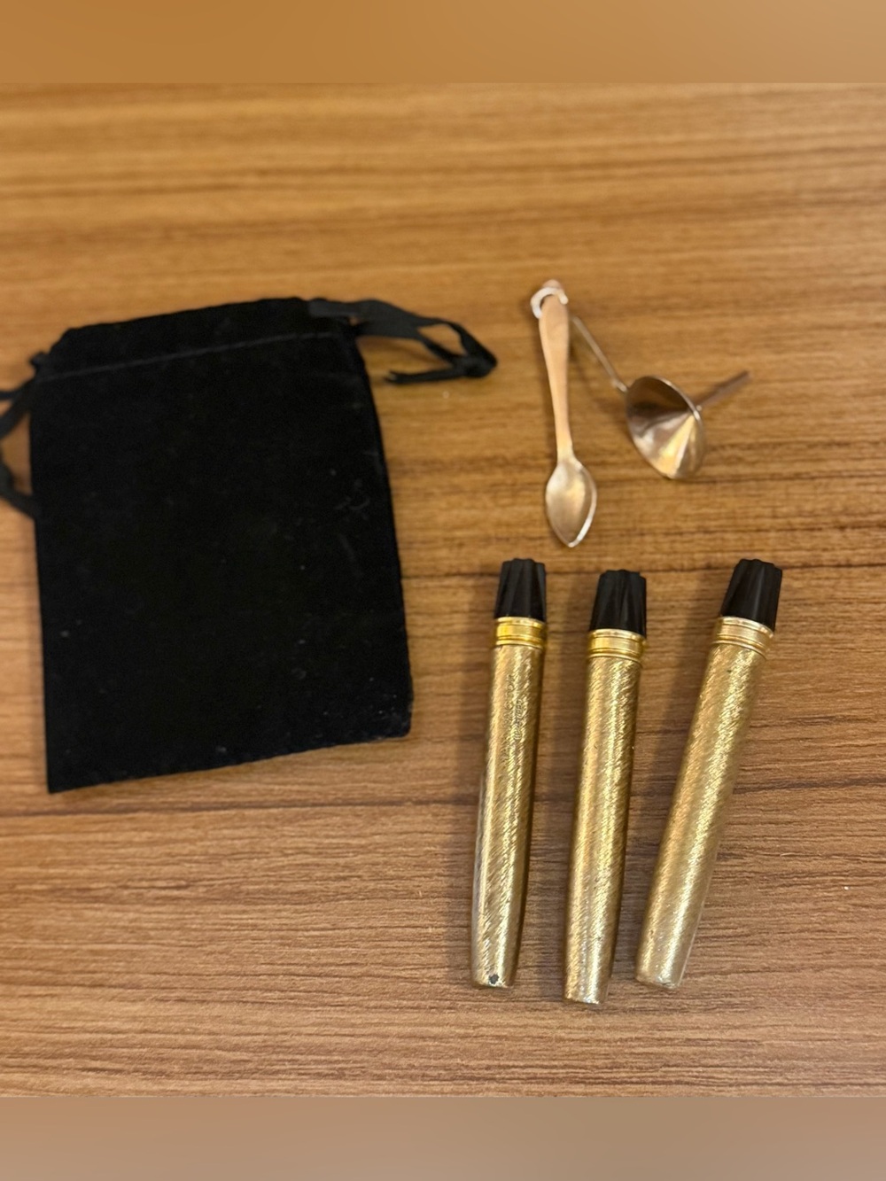 Vintage Gold Textured Micro Perfume Sniffer Vials Set of 3 With Spoon Funnel Bag